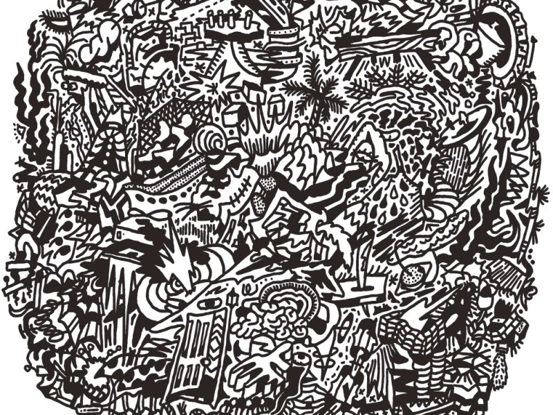Intricate black-and-white abstract illustration filled with dense, chaotic doodles. The drawing features overlapping patterns, jagged shapes, plant-like forms, eyes, faces, and surreal objects, creating a sense of energy and movement throughout the composition.