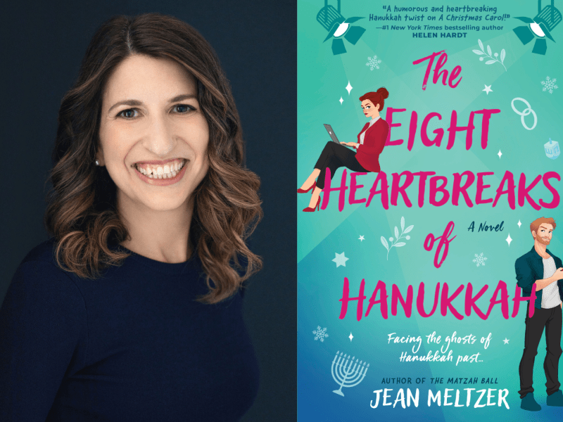 A split image featuring a portrait of author Jean Meltzer on the left, smiling with wavy brown hair and wearing a dark blue top. On the right is the cover of her book, The Eight Heartbreaks of Hanukkah, depicting illustrated characters on a teal background with holiday motifs like menorahs and snowflakes.